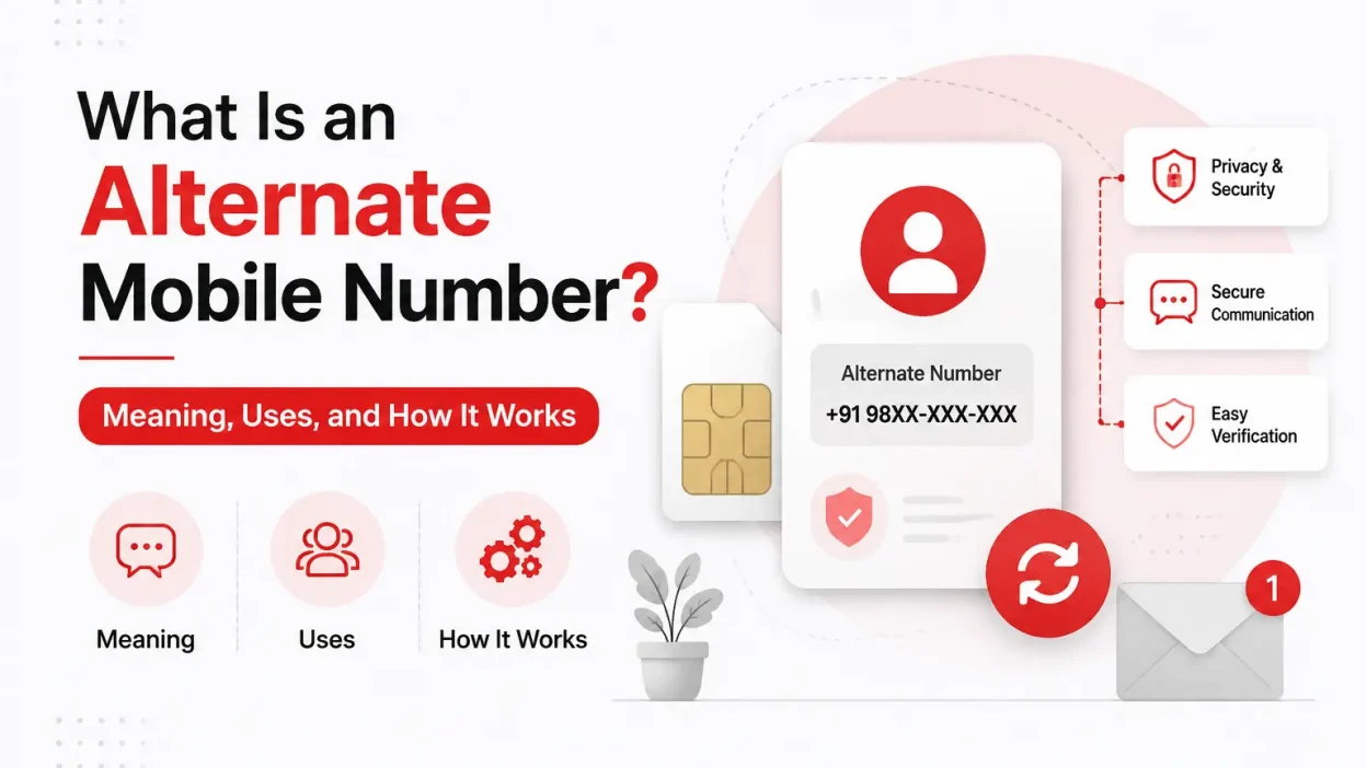 Thumbnail for Alternate Phone Number showing a bold red-and-black headline, feature icons for meaning, uses, and how it works, and a profile card with a SIM card illustration. Security, secure communication, and easy verification callouts highlight the key benefits of an Alternate Mobile Number on a clean white background with red accents.
