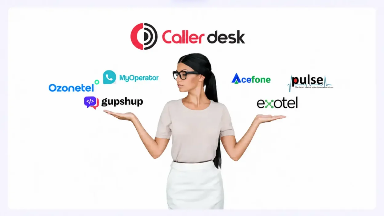 Comparison banner for Caller Desk showing a woman holding out both hands while evaluating cloud telephony providers. The Caller Desk logo appears at the top center, with Ozonetel, MyOperator, and Gupshup logos on the left side, and Acefone, Pulse, and Exotel logos on the right side. The design features a clean white background with a modern business and technology theme, highlighting multiple telephony and communication platform integrations.