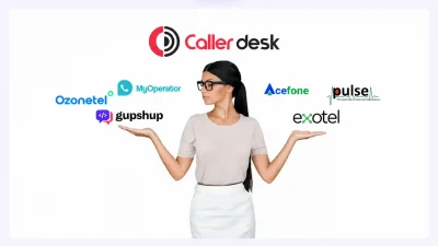 Comparison banner for Caller Desk showing a woman holding out both hands while evaluating cloud telephony providers. The Caller Desk logo appears at the top center, with Ozonetel, MyOperator, and Gupshup logos on the left side, and Acefone, Pulse, and Exotel logos on the right side. The design features a clean white background with a modern business and technology theme, highlighting multiple telephony and communication platform integrations.