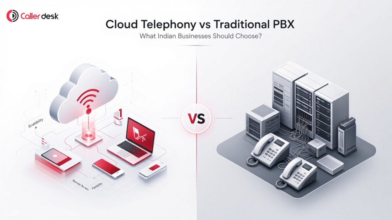 Cloud Telephony vs Traditional PBX comparison illustration for Indian businesses, featuring cloud-based communication devices and remote connectivity on one side and traditional PBX servers with desk phones on the other in a modern VS layout.