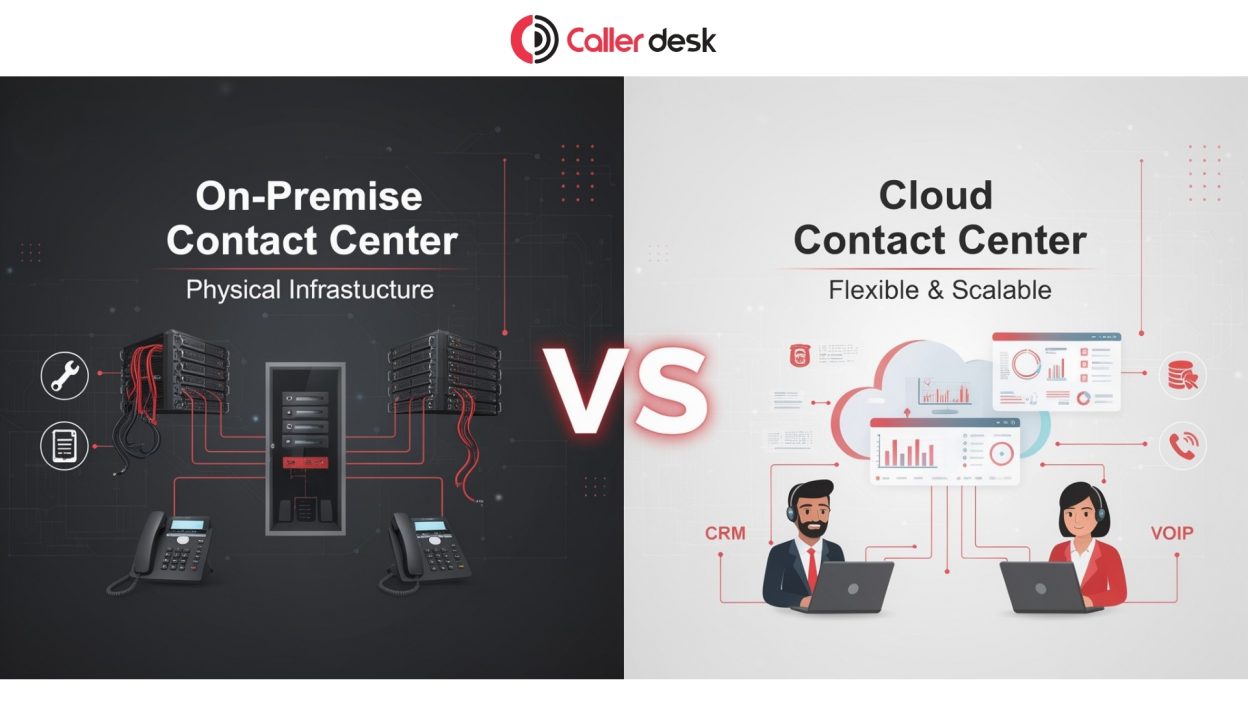 Comparison graphic showing On-Premise Contact Center with physical server infrastructure versus Cloud Contact Center with flexible, scalable cloud-based communication tools and remote support.