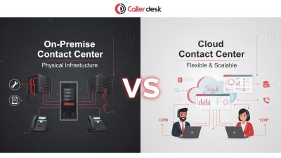 Comparison graphic showing On-Premise Contact Center with physical server infrastructure versus Cloud Contact Center with flexible, scalable cloud-based communication tools and remote support.
