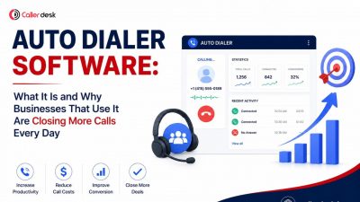 Auto dialer software dashboard showing 1256 total calls, 842 connected and 32% conversion rate with features to increase productivity, reduce call costs, improve conversion and close more deals