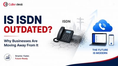 ISDN outdated concept showing a traditional ISDN phone system breaking apart and transitioning to a modern cloud telephony solution with laptop and smartphone, highlighting why businesses are moving away from ISDN and adopting VoIP-based communication systems.