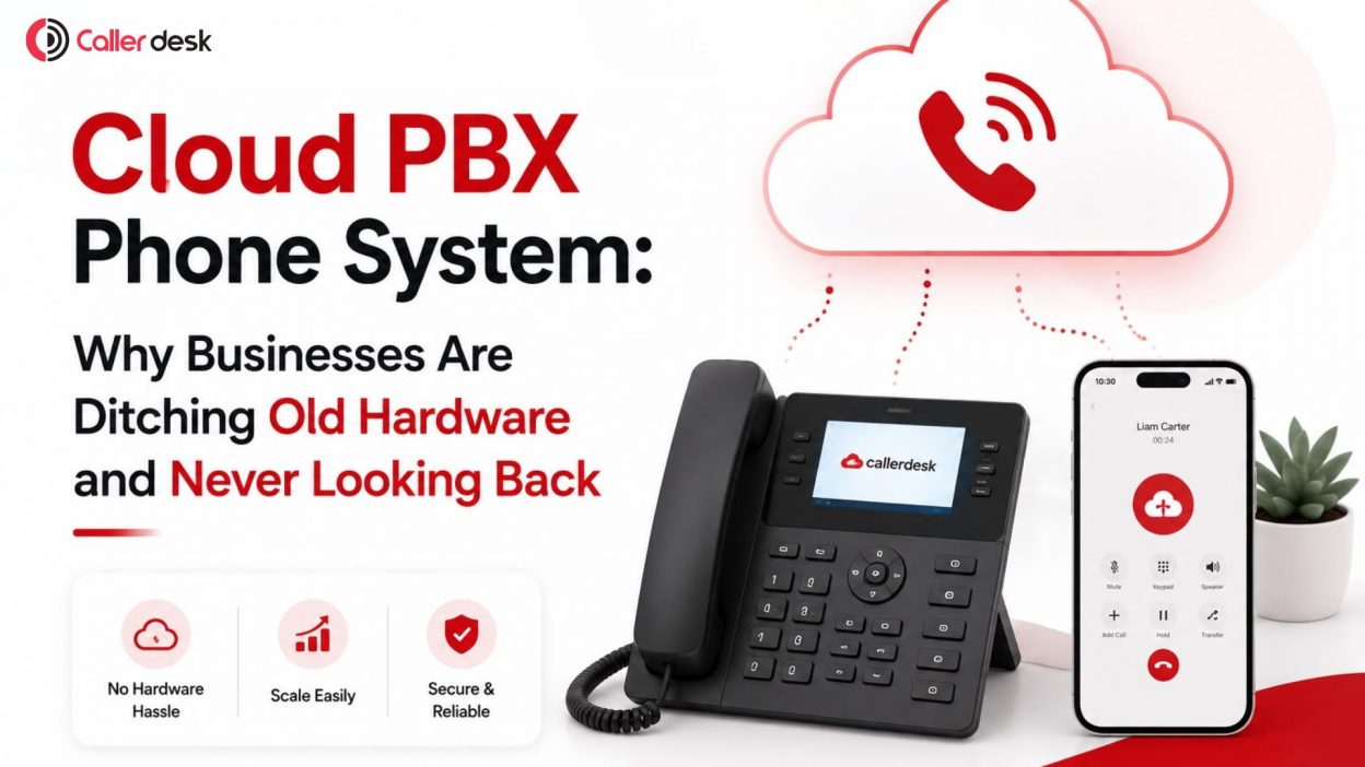 Cloud PBX phone system for businesses featuring a cloud-based VoIP solution, desk phone, and mobile app. Promotional graphic highlights benefits of replacing traditional PBX hardware, including easy scalability, secure communication, and no hardware maintenance. Ideal for modern business phone systems and remote workforce communication.