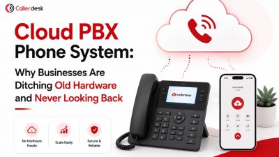 Cloud PBX phone system for businesses featuring a cloud-based VoIP solution, desk phone, and mobile app. Promotional graphic highlights benefits of replacing traditional PBX hardware, including easy scalability, secure communication, and no hardware maintenance. Ideal for modern business phone systems and remote workforce communication.