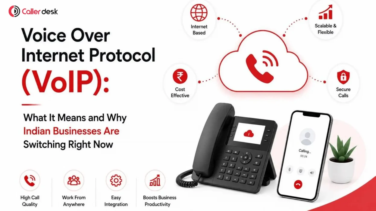 CallerDesk infographic about Voice Over Internet Protocol (VoIP), explaining how voice over internet protocol technology enables phone calls over the internet. The graphic highlights key VoIP benefits including internet-based communication, cost effectiveness, scalability and flexibility, secure calls, high call quality, remote work from anywhere, easy integration, and increased business productivity. Visual elements include a cloud with a phone icon, a business desk phone, a smartphone showing an active call, and feature icons in a red, black, and white design.