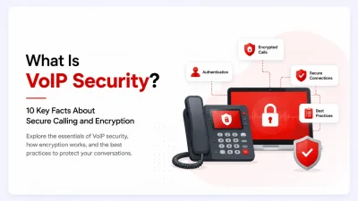 Illustration explaining VoIP Security with a secure IP phone, encrypted communication icons, shield symbols, and a locked laptop screen. The banner highlights “What Is VoIP Security? 10 Key Facts About Secure Calling and Encryption,” emphasizing encrypted calls, authentication, secure connections, and best practices for protecting business communications.