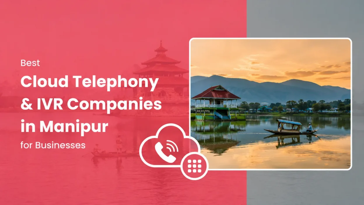 Promotional banner for “Best Cloud Telephony & IVR Companies in Manipur for Businesses,” featuring bold white text on a pink gradient background. A scenic image of Manipur’s lakeside landscape with a traditional pavilion, boat, calm water reflections, and mountain backdrop is displayed in a rounded frame on the right. Cloud telephony and IVR icons appear in the foreground, emphasizing business communication solutions.