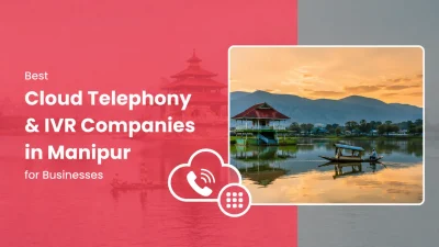 Promotional banner for “Best Cloud Telephony & IVR Companies in Manipur for Businesses,” featuring bold white text on a pink gradient background. A scenic image of Manipur’s lakeside landscape with a traditional pavilion, boat, calm water reflections, and mountain backdrop is displayed in a rounded frame on the right. Cloud telephony and IVR icons appear in the foreground, emphasizing business communication solutions.