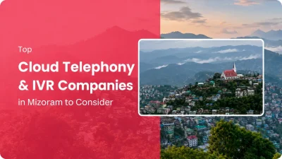 Feature banner for an article titled “Top Cloud Telephony & IVR Companies in Mizoram to Consider.” The design features a pink-red overlay on the left with bold white text, while the right side showcases a scenic view of Mizoram’s hilly landscape and urban settlements. A rounded rectangular inset highlights a hilltop church surrounded by greenery, homes, and mist-covered mountains, creating a modern, professional technology-themed promotional graphic.