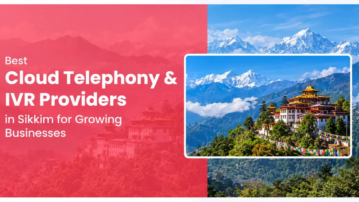 "Feature banner for 'Best Cloud Telephony & IVR Providers in Sikkim for Growing Businesses' featuring bold white text on a pink translucent overlay, with a scenic image of a Buddhist monastery surrounded by green hills, colorful prayer flags, and the Himalayan mountain range in the background. The design uses a modern split-layout with a framed landscape photo on the right."