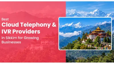 "Feature banner for 'Best Cloud Telephony & IVR Providers in Sikkim for Growing Businesses' featuring bold white text on a pink translucent overlay, with a scenic image of a Buddhist monastery surrounded by green hills, colorful prayer flags, and the Himalayan mountain range in the background. The design uses a modern split-layout with a framed landscape photo on the right."
