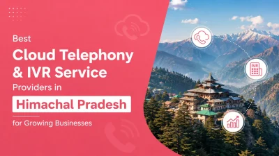 Banner image for “Best Cloud Telephony & IVR Service Providers in Himachal Pradesh for Growing Businesses.” The left side features a coral-pink background with bold white text, while the right side shows a scenic Himalayan mountain landscape with a hilltop temple town. Cloud telephony, IVR, and business growth icons are connected by dotted lines, illustrating communication technology and business expansion in Himachal Pradesh.
