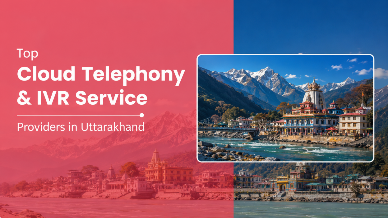 Feature banner for “Top Cloud Telephony & IVR Service Providers in Uttarakhand,” featuring a modern split-layout design with a coral-red overlay on the left and a scenic Uttarakhand landscape on the right. Large white typography highlights the title, while an inset image showcases a riverside temple town with snow-capped Himalayan mountains, a flowing river, and clear blue skies, symbolizing connectivity and regional business services in Uttarakhand.