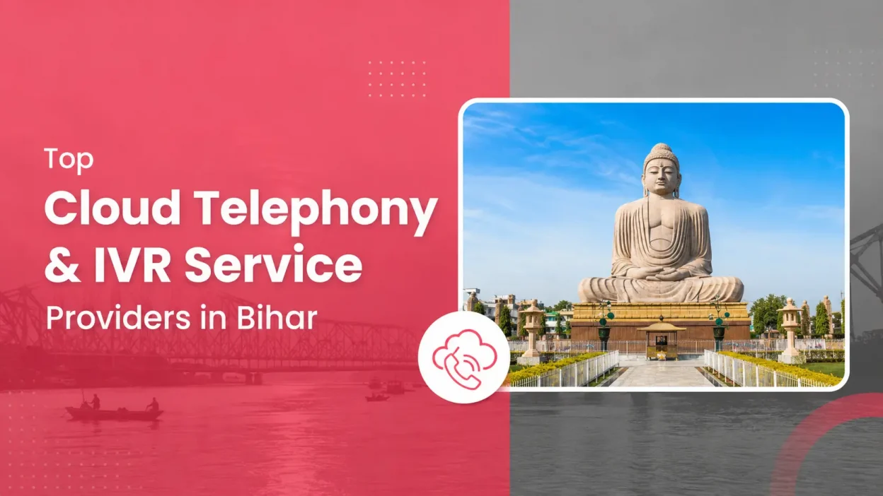 Modern feature banner for “Top Cloud Telephony & IVR Service Providers in Bihar,” featuring the Great Buddha Statue, a cloud telephony icon, and a pink-gray corporate design.