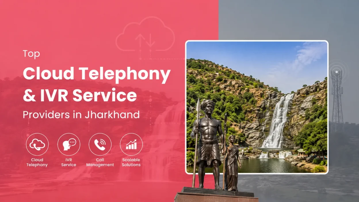 Feature image for “Top Cloud Telephony & IVR Service Providers in Jharkhand” showing a modern telecom-themed banner. The left side contains the title in large white text over a pink gradient background with cloud communication and IVR service icons. The right side features a framed photograph of a waterfall and tribal statues, representing Jharkhand’s cultural and natural heritage, alongside subtle telecom tower and network graphics.