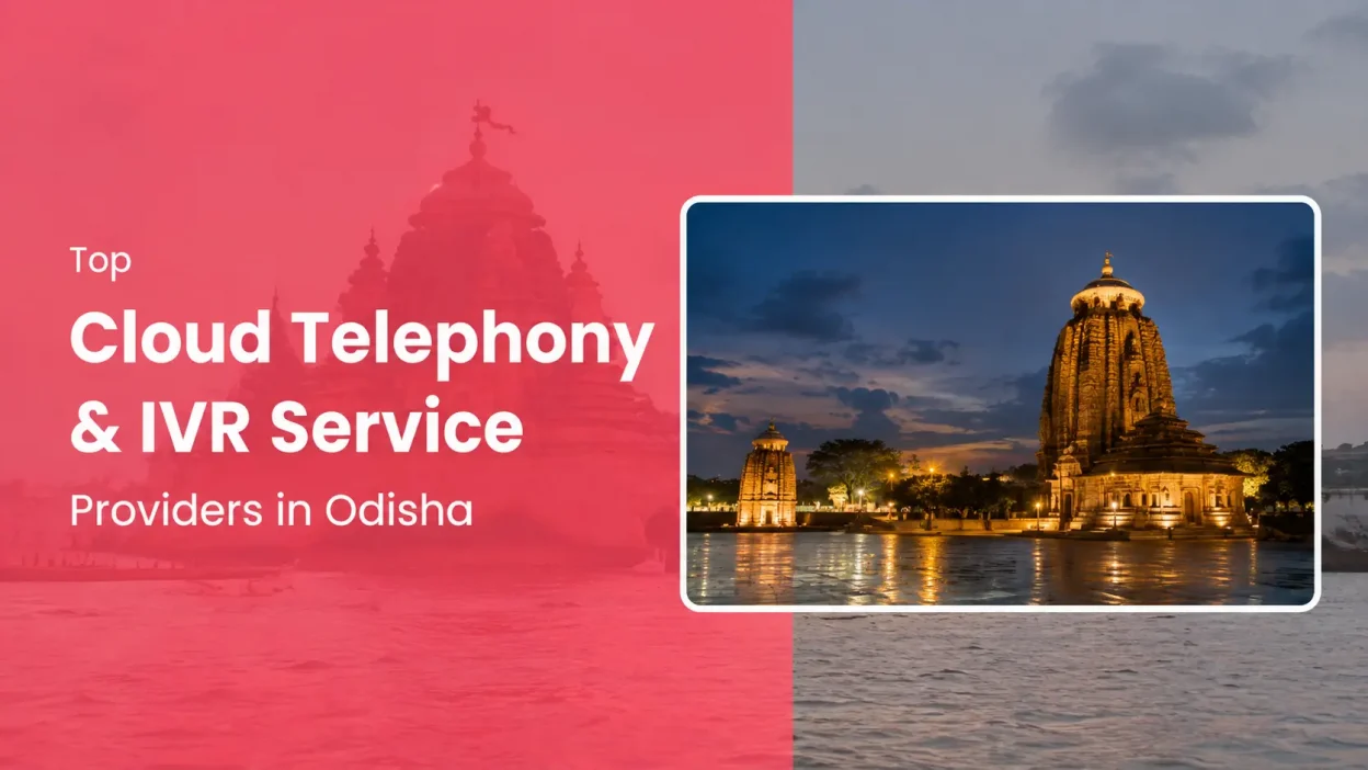 Feature banner for “Top Cloud Telephony & IVR Service Providers in Odisha.” The design features a coral-pink overlay on the left with large white text, set against a faint silhouette of the Jagannath Temple. On the right, a framed photograph shows the Mukteswara Temple illuminated at dusk, with reflections visible on the wet ground under a dramatic evening sky. The background combines temple architecture and coastal scenery, creating a professional, location-specific business and technology-themed cover image.