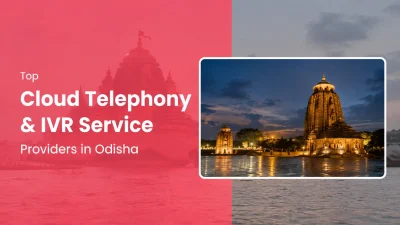 Feature banner for “Top Cloud Telephony & IVR Service Providers in Odisha.” The design features a coral-pink overlay on the left with large white text, set against a faint silhouette of the Jagannath Temple. On the right, a framed photograph shows the Mukteswara Temple illuminated at dusk, with reflections visible on the wet ground under a dramatic evening sky. The background combines temple architecture and coastal scenery, creating a professional, location-specific business and technology-themed cover image.
