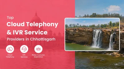 Hero banner for “Top Cloud Telephony & IVR Service Providers in Chhattisgarh” featuring a pink-red overlay with bold white text on the left and a scenic waterfall landscape on the right. The design includes icons representing cloud telephony, IVR services, and customer experience, with a modern business and technology theme.