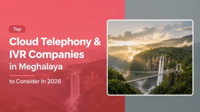 Featured banner for “Top Cloud Telephony & IVR Companies in Meghalaya to Consider in 2026,” with a coral-pink overlay on the left displaying bold white text and a scenic Meghalaya landscape on the right featuring a suspension bridge, waterfall, forested hills, and misty sunrise lighting within a white-bordered frame.