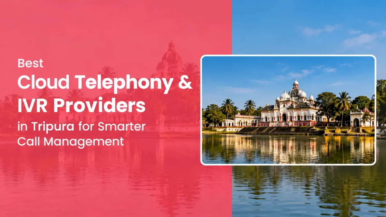 Feature banner for “Best Cloud Telephony & IVR Providers in Tripura for Smarter Call Management.” The design features a split pink and blue background with large white typography on the left. A prominent framed photograph on the right showcases a historic palace-like building with domes, palm trees, and reflections in a lake. The overall layout combines regional Tripura imagery with a modern business and technology theme.