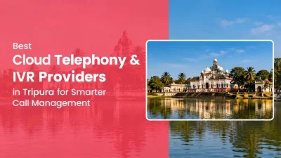 Feature banner for “Best Cloud Telephony & IVR Providers in Tripura for Smarter Call Management.” The design features a split pink and blue background with large white typography on the left. A prominent framed photograph on the right showcases a historic palace-like building with domes, palm trees, and reflections in a lake. The overall layout combines regional Tripura imagery with a modern business and technology theme.