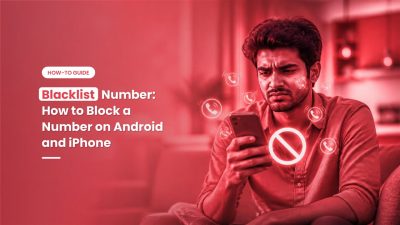 Frustrated man looking at his smartphone surrounded by repeated incoming call icons and a block symbol, showing how to blacklist a number on Android and iPhoneFeatured image for the CallerDesk guide on blacklisting a number. It shows a user annoyed by repeated unwanted calls, with a block icon for stopping them. The guide covers what a blacklisted number means and the steps to block a number on Android, Samsung and iPhone.