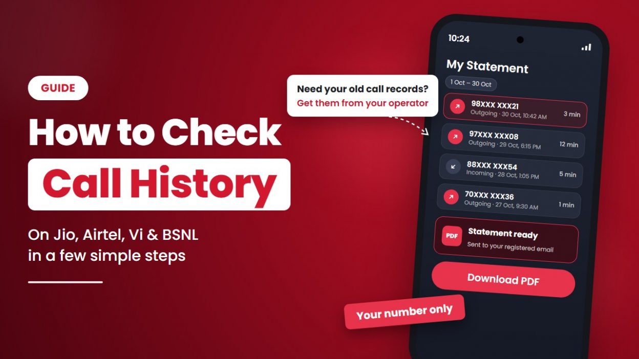 Guide on how to check call history on Jio, Airtel, Vi and BSNL, with a phone showing the My Statement call list
