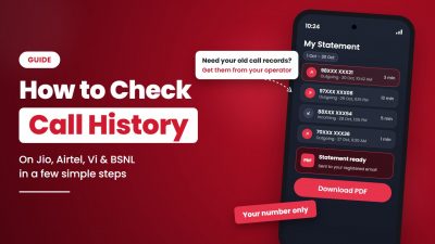 Guide on how to check call history on Jio, Airtel, Vi and BSNL, with a phone showing the My Statement call list
