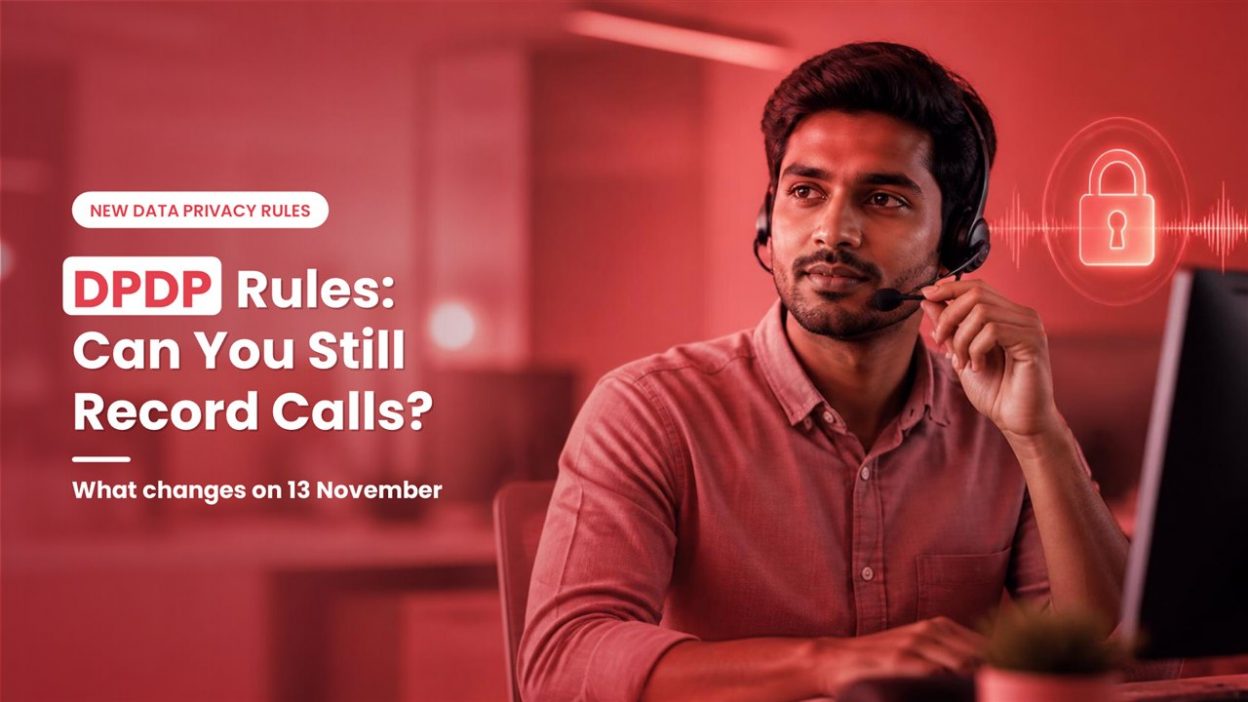 Support agent wearing a headset on a call beside a padlock and sound-wave graphic, representing DPDP call recording consent