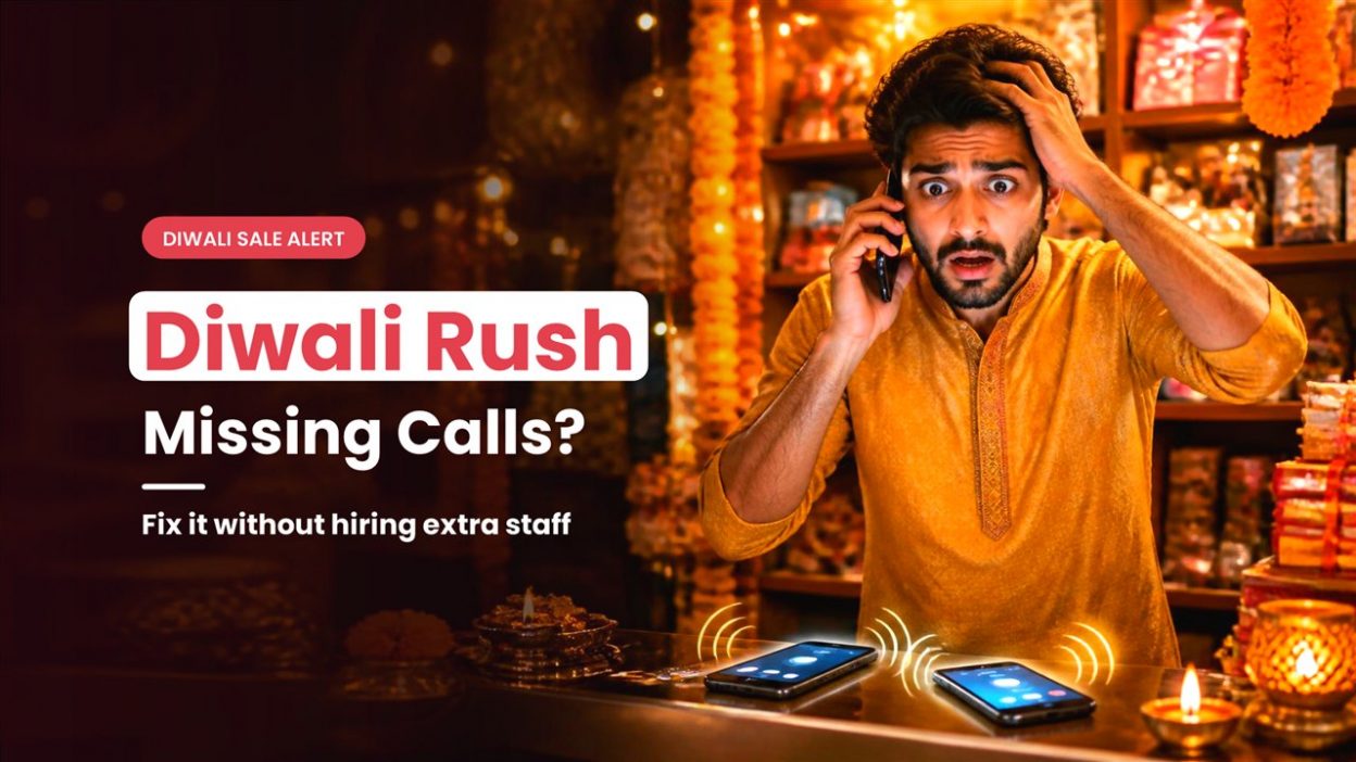 Stressed Indian shop owner answering a call while more phones ring on the counter during a busy Diwali festive season call
