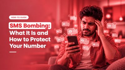 SMS bombing guide banner showing a concerned man checking his phone as message alerts appear around him.