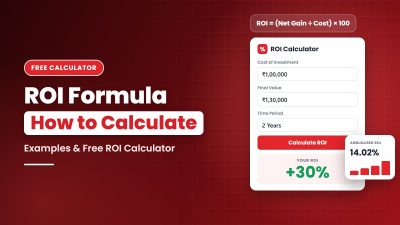 ROI formula guide with a free ROI calculator showing a 30% ROI and 14.02% annualised ROI