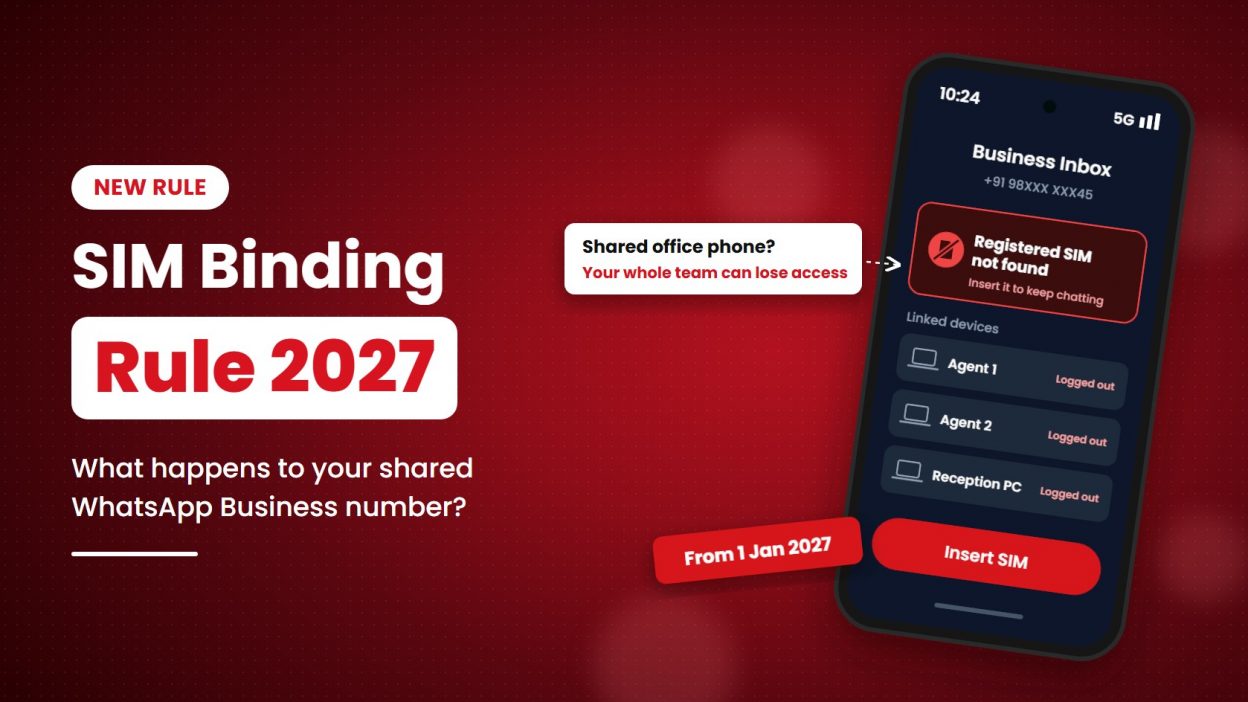 Phone showing "Registered SIM not found" on a business inbox, with three team devices logged out under the 2027 SIM binding rule